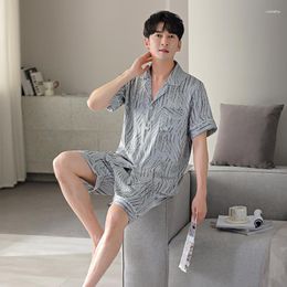 Men's Sleepwear Summer Satin Grey Striped Print Pyjamas Set Men Soft Comfortable Pijamas Top And Shorts Suit Pyjamas