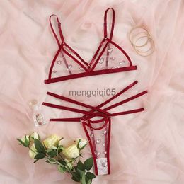 Sexy Set Sexy Women's Lingerie Set Porno Love Embroidery Underwear Erotic Mesh Transparent Hollow Micro Bikini Bra Panties Sets Pajamas HKD230814