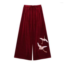 Women's Pants Women 2023 Fashion Trousers Wine Velvet Wide Leg Embroidery Elastic High Waist Female Bottoms Vintage TA1232