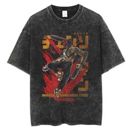Men's T-Shirts Anime Chainsaw Man Cotton Tshirt T Shirt Streetwear Washed Retro T-Shirt Power Pochita Casual Shirts Summer Short Sleeve Tees 230814