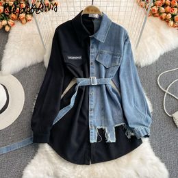 Women's Blouses Shirts Neploe Unique Denim Patchwork Shirt Turn-down Collar Chic Mujer Blusas Long Sleeve Tops Female Irregular Women Blouses with Belt 230812