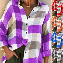 Women's Blouses Shirts Women Turn Down Collar Check Plaid Buttons Shirt Top Long Sleeve Loose Blouse 230814