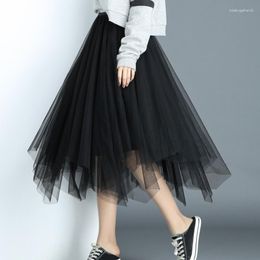 Skirts 2023 Mid Length High Waist Summer Irregular Mesh Fluffy A-line Skirt Fairy Pleated Puffy Gauze Sweet Black