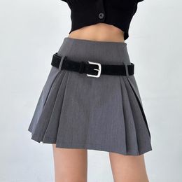 Skirts Grey A-line High Waist With Belt Women Mini Spring Female Pleated American Vintage Preppy Style