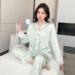 Women's Sleepwear V-Neck Print Pyjamas Set Lace Homewear Women Long Sleeve 2Pcs Trousers Sleep Suit Spring Silky Satin Pyjamas Lingerie