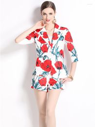 Women's Tracksuits Autumn Fashion Floral Printed 3/4 Sleeve Notched Collar Suit Coat Top Pocket Shorts Holiday Outfits Two Pieces Set