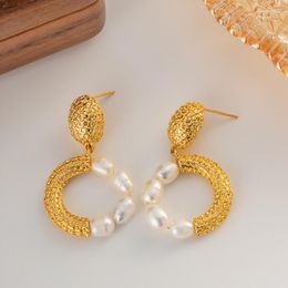 Dangle Earrings Minar Modern Freshwater Pearl Hanging For Women 18K Real Gold Plated Brass Pleated Hollow Round Circle Earring