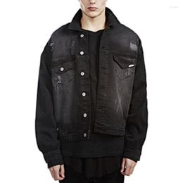 Men's Jackets Black Oversize Hole Washed Denim Jacket Hp Hop Fashion Lapel Single Breasted Spring Clothing For Man