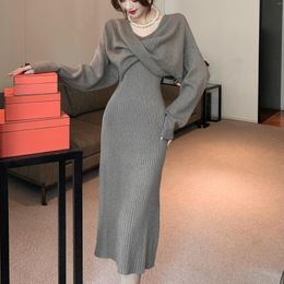 Work Dresses Elegant Women 2 Pieces Knitted Sets 2023 Autumn Winter Female Casual Loose Full Sleeve Sweater Smock And Midi Dress Suits WS31