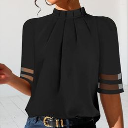 Women's Blouses Women Solid Color Pullover Tops High Collar Mesh Stitching Half Sleeve Pleated Loose Fit Casual Office Lady Blouse