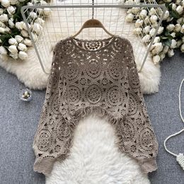 Women's Blouses Chic Floral Crochet Vintage Hollow Tassel Capes Blouse Long Sleeve Korean Fashion Tops Sexy Elegant Autumn Women Pullover