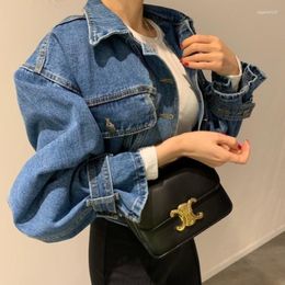Women's Jackets Korean Fashion Turndown Collar Demin Jacket Casual Loose Puff Sleeve Crop Coat Female Chic Retro Jean Top