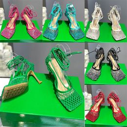 Designer High Heel Slippers Leather Rhinestone Mesh Sandal Sparkle Stretch Ladies Party Wedding Shoes Sandals