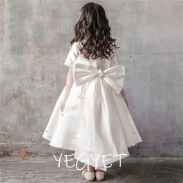 Girl Dresses White Flower Dress Wedding V-neck Short Sleeves Big Bow Princess Party Costume Lace Knee Length A-line Prom For Kids