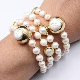 Strand 4 Strands Natural Freshwater Cultured White Pearl Gold Colour Plated Keshi Bracelet 8" Handmade For Lady