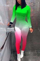 Women's Jumpsuits Rompers Skinny Long Sleeve Print Patchwork Skinny Fluorescent Jumpsuit Women Sporty Wear Long Pant Jumpsuits S-XL 230812