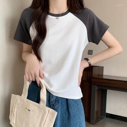 Women's T Shirts Waffle Round Neck Raglan Short Sleeve T-shirt Summer 2023 Unique Korean Chic Contrast Retro Shoulder Top