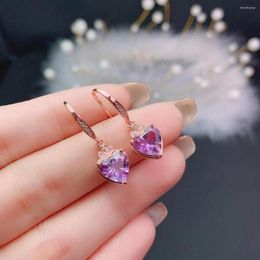 Dangle Earrings Heart Crystal Drop For Woman 8mm VVS Grade Natural Amethyst 925 Silver Hook