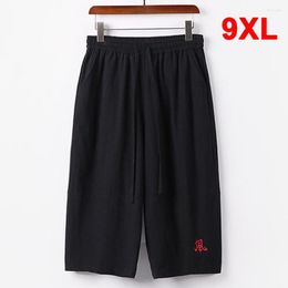 Men's Pants Linen Men Plus Size 9XL Calf-length Chinese Embroidery Design Fashion Casual Wide Leg Male