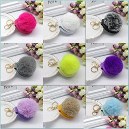 Keychains Lanyards 27 Colors 8Cm Plush Fur Ball Keychain Fashion Puff Mirror Car Bag Key Chain Party Gift Drop Delivery Accessories Dhntz