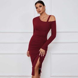 2023 Women's Dress Split Off Shoulder Autumn Winter Wrap Hip Long Sleeve Fashion Dress