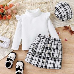 Clothing Sets 4-7Y Fashion Kid Girl Clothes Sets Ruffled Long Sleeve Turtleneck Ribeed Tops+Plaid Skirt Beret Set