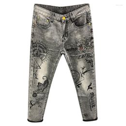 Men's Jeans Graphic With Tiger Print High-end Diamond Decoration Hip Hop Kpop Stretch Grey Korean Style Clothes Luxury Trousers