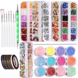 Nail Art Decoration Kit With Nail Design Brushes Glitters Foil Flakes Color Rhinestones Pearl Nail Art Slices Nail Dotting Pen Wax Pencil Striping Tape Lines