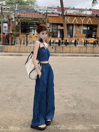 Women's Two Piece Pants Retro Spicy Girl Denim Set Summer 2023 Bra Top High Waist Wide Leg Street