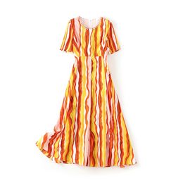 2023 Summer Orange Striped Print Dress Short Sleeve Round Neck Midi Casual Dresses W3L043407