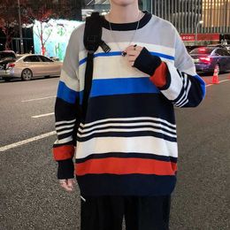Men's Sweaters Sweater Men's Autumn New Stripe Knitted Loose Couple Full Matching Retro Student Rainbow Street Clothing Warm Fashion O-Neck Z230815