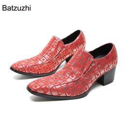 Dress Shoes Batzuzhi 6 5CM High Heels Men s Pointed Toe Red Genuine Leather Men Slip on Fashion Party Wedding 230814