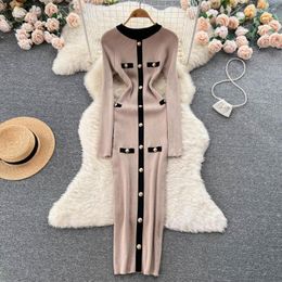 Casual Dresses Women Chic Long Sleeve Sexy Slim Bodycon Dress Vintage French Fashion Knit Tight Vestido Elegant Autumn Winter Sweater Robe