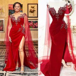 Red Mermaid African Girls Evening Dresses With Long Tulle Wrap 2020 Sheer Jewel Neck Lace Beaded Cap Sleeve Side Split Prom Gowns263m