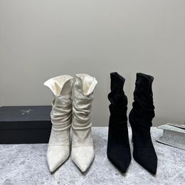 Yunah Boots Luxury Designer Женщины Brytta Boots Fashion Замня кожаная ткань заостренная пальца и лодыжка мягкие ботинки тонкие высокие каблуки Yunah Crystal Boots Размер 35-40