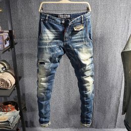 Men's Jeans Fashion Designer Men Retro Blue Stretch Slim Fit Spliced Biker Homme Hip Hop Ripped Denim Pants Hole Trousers