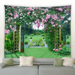 Tapestries Pink Flowers Green Plants Landscape Garden Background Decor Tapestry Rural Scenery Mural Wall Hanging Bedroom Dorm Home Blanket