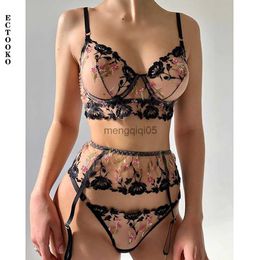 Sexy Set ECTOOKO 2022 Embroidery Sexy Lingerie Women Thin Transparent Lace Push Up Bra Set See Through Underwear 3 Pieces HKD230814