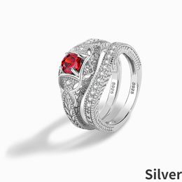 Sterling Silver S925 Medium Garnet Red Stone Round Double Ring Jewelry High Quality Exquisite Light Luxury Women's Ring