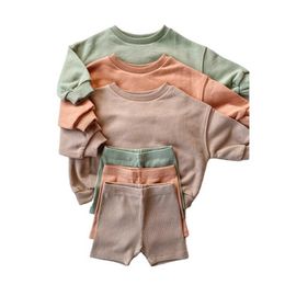 Quality Unisex Baby Clothing Sets Solid Crewneck Pullover Sweatershirt Matching Bike Shorts Kids Fall Outfit