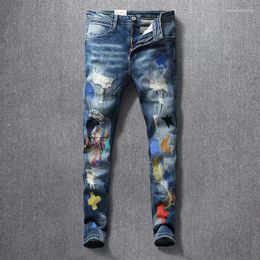 Men's Jeans Street Fashion Men Retro Blue Stretch Elastic Slim Ripped Embroidery Patched Designer Hip Hop Denim Pants Hombre