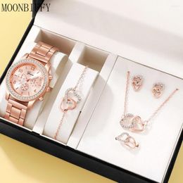 Wristwatches 6PCS Set Rose Gold Luxury Watch Women Ring Necklace Earring Rhinestone Wristwatch Casual Ladies Bracelet Watches Reloj (No Box)