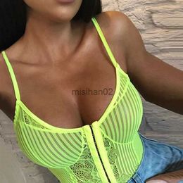 Women's Jumpsuits Rompers OMSJ Newest Women Neon Green Orange Stripe Lace Bodysuit One Piece Sheer Sexy Floral Embroidery Playsuit Night Out outfits Party HKD230814