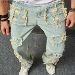 Men's Pants 2023 Autumn Street Clothing Men's Denim Pants Fashion Tear Deisgn Patch Work Straight Jeans Men's Y2K Style Vintage Solid Color Jeans Z230815