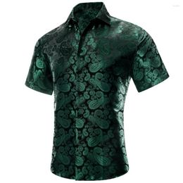 Men's Casual Shirts Hi-Tie Black Green Silk Short Sleeves Mens Spring Summer Hawaii Jacquard Paisley Shirt Blouse Male Wedding Office XXXL