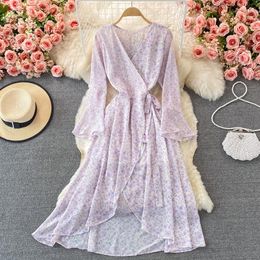 Casual Dresses Autumn Women Floral Irregular Chiffon Dress Purple/Red/Beige Flare Long Sleeve V-Neck High Waist Vintage Vestidos Female 2023