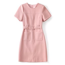 2023 Summer Pink Solid Color Panelled Dress Short Sleeve Round Neck Waist Belted Knee-Length Casual Dresses W3L043304