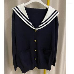 Women's Knits College Style Navy Collar Dark Blue Sweater Single Breasted Cardigans Coat Women Fashion Loose Spring 2023 Tops