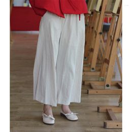 Women's Pants Women Autumn Solid Colour Elastic Waist Wide Leg Ladies Vintage Cotton Linen Trousers Female 2023