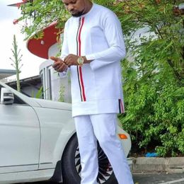 Men's Tracksuits Kaftan African Suit White Long Sleeve Stitching Shirt And Social Pants 2 Pieces Set Wedding Party Designer Men Clothing